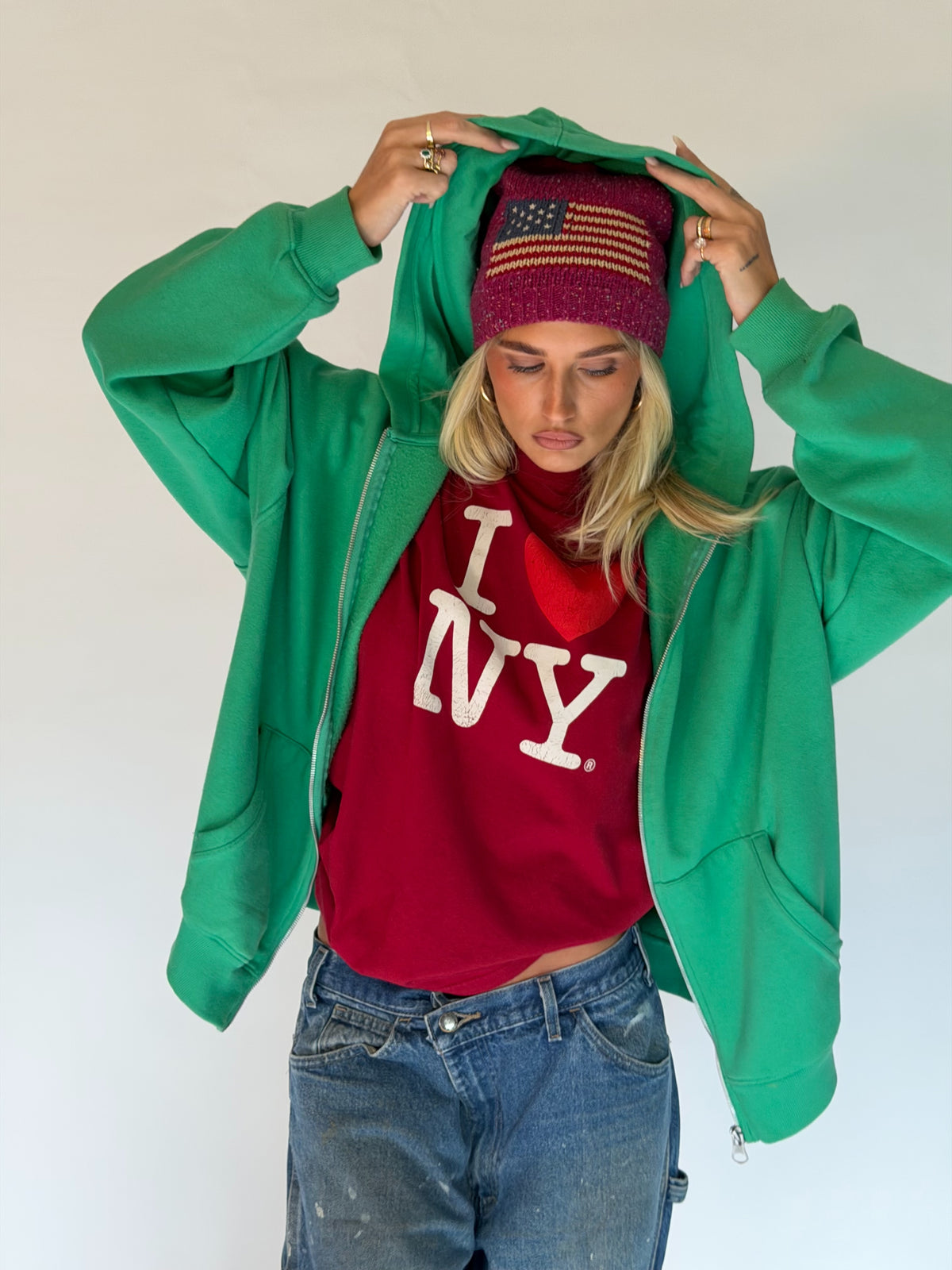 VINTAGE GREEN ZIP-UP HOODIE