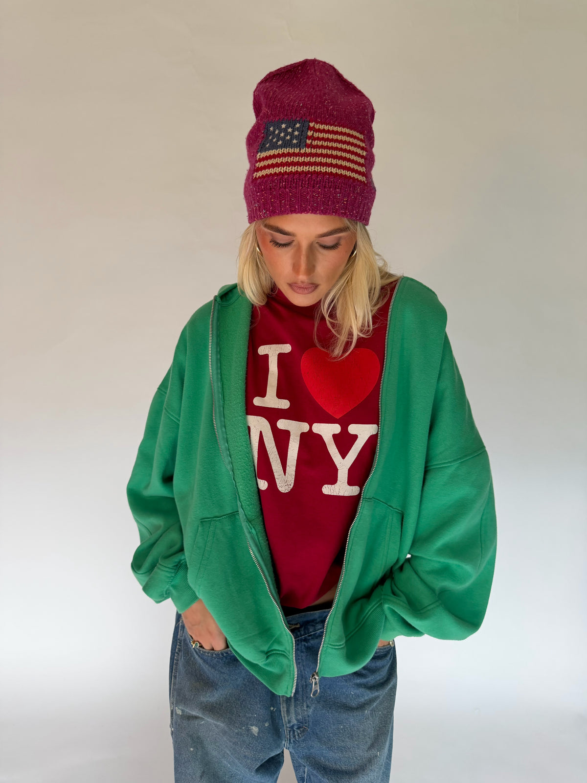 VINTAGE GREEN ZIP-UP HOODIE