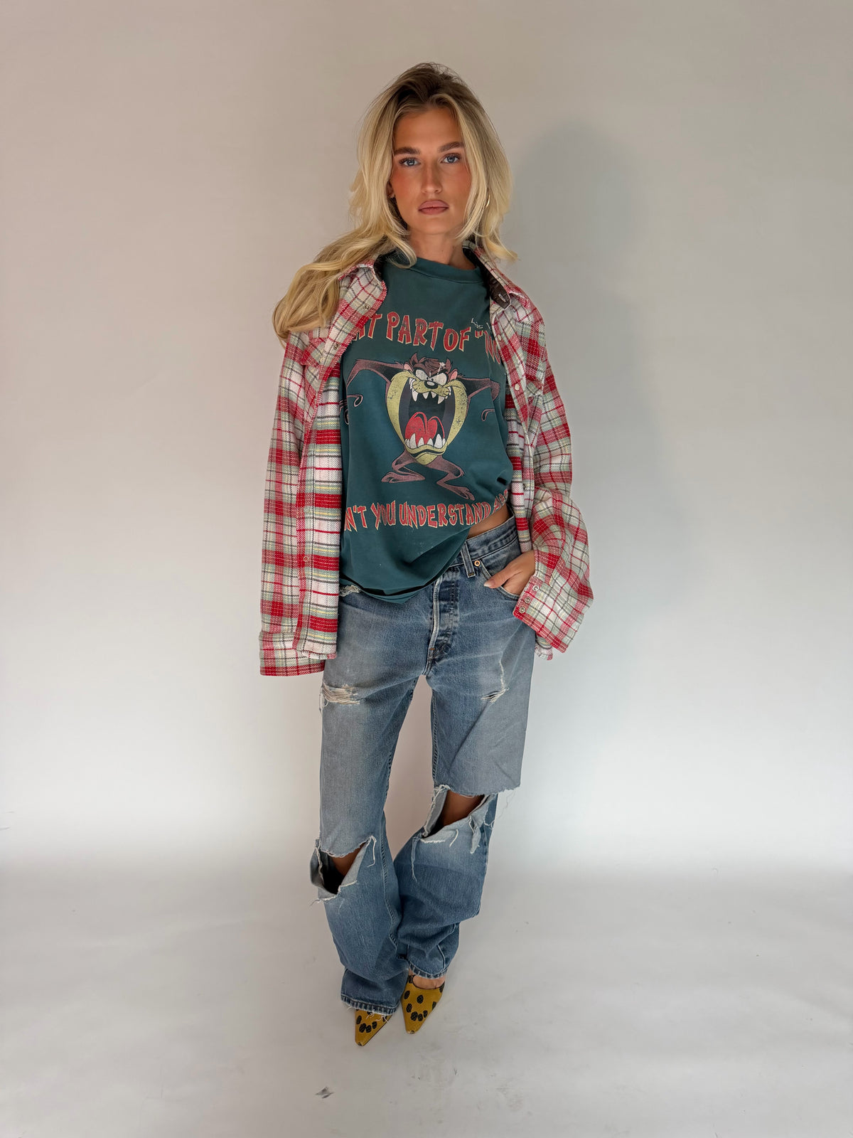 VINTAGE RED & WHITE PLAID FLANNEL SHIRT