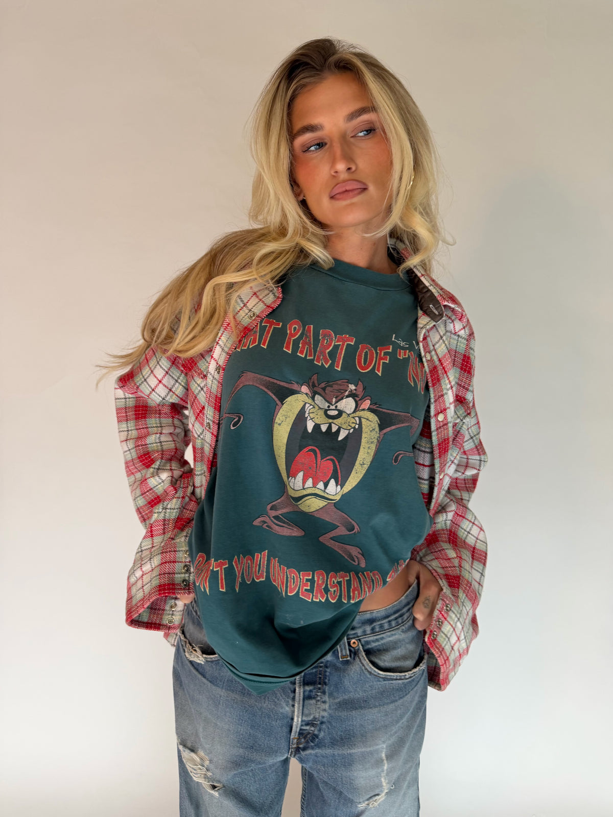 VINTAGE RED & WHITE PLAID FLANNEL SHIRT