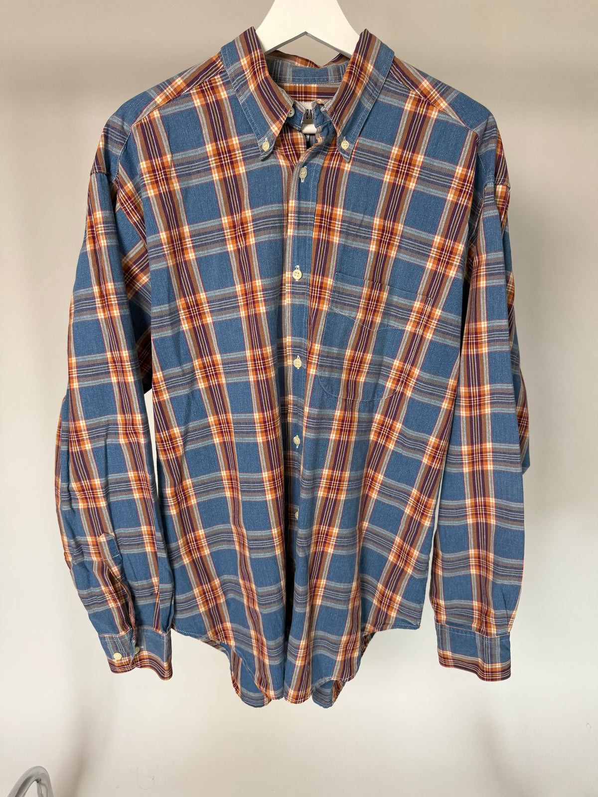 VINTAGE BLUE, RED & BROWN PLAID FLANNEL SHIRT