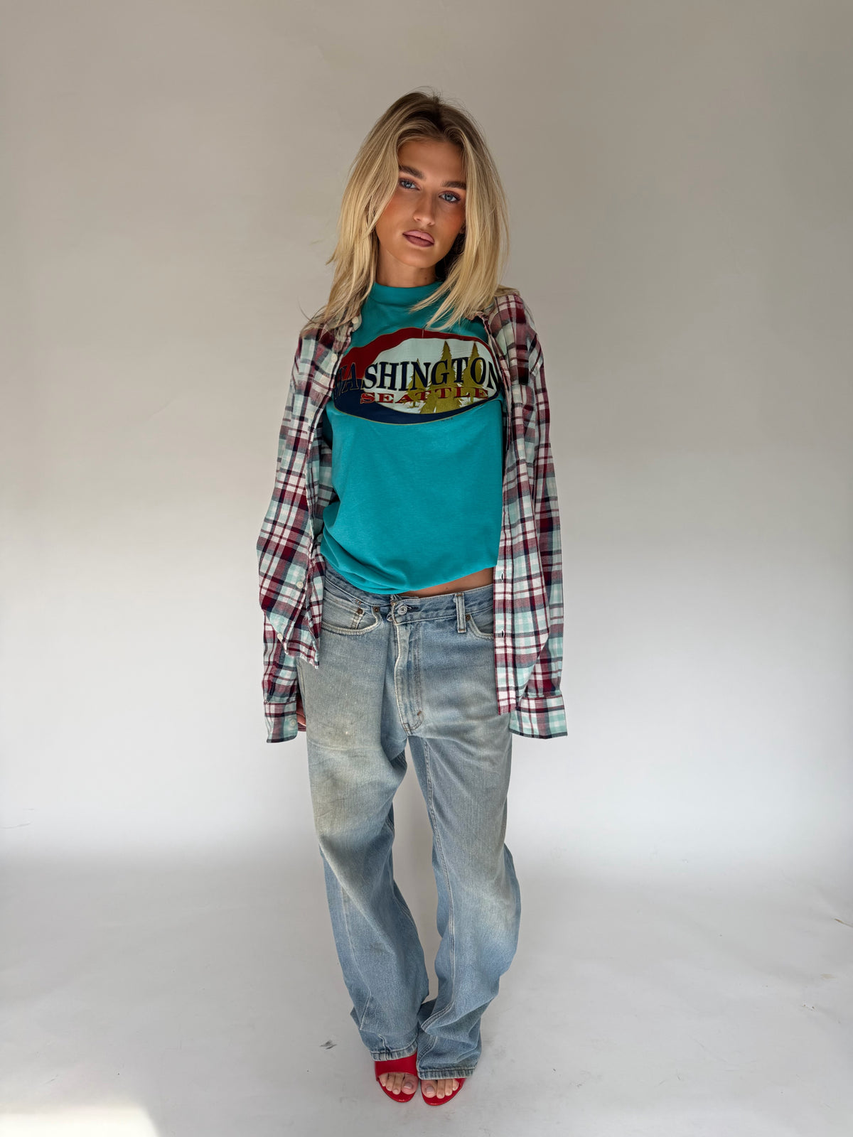 VINTAGE WHITE & BLUE PLAID FLANNEL