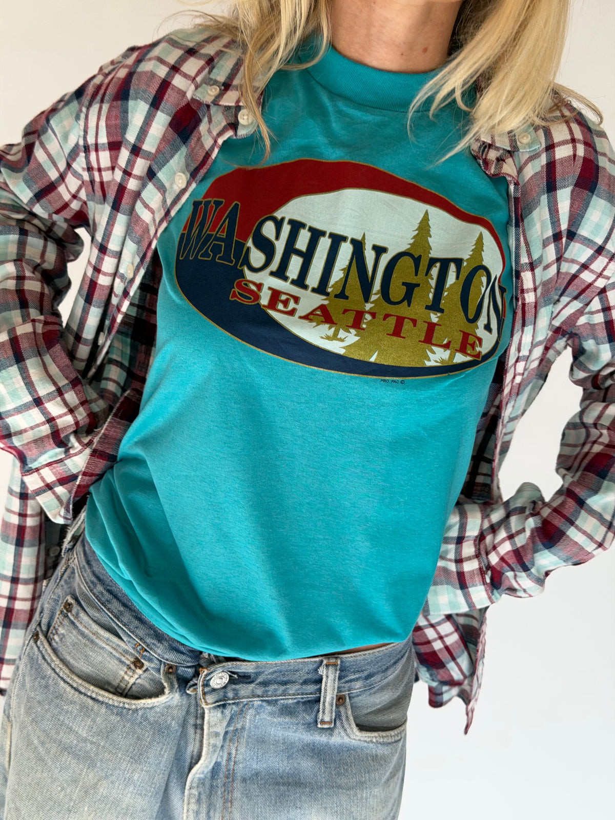 VINTAGE WHITE & BLUE PLAID FLANNEL