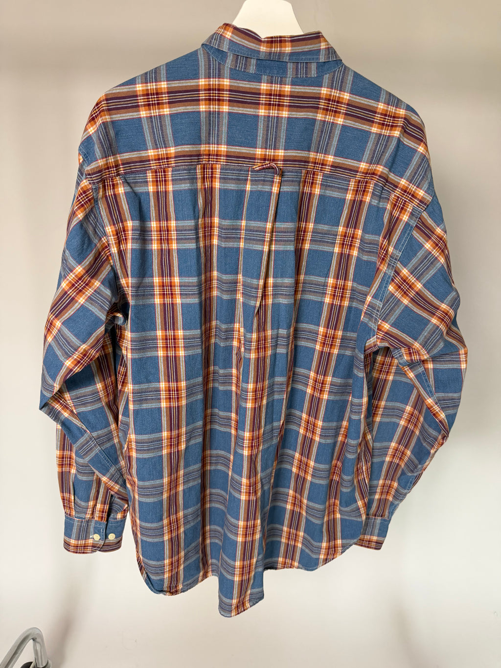 VINTAGE BLUE, RED & BROWN PLAID FLANNEL SHIRT