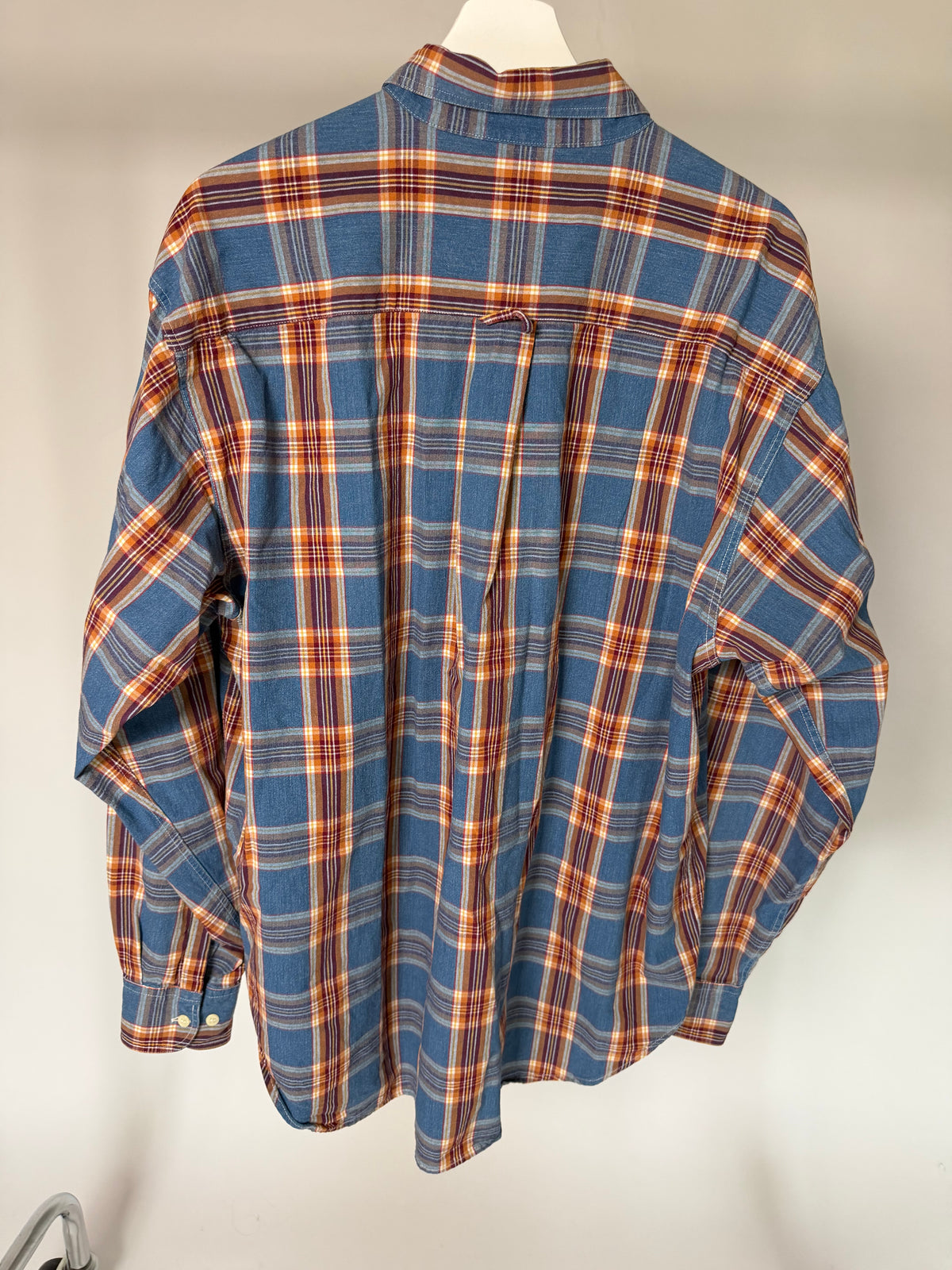 VINTAGE BLUE, RED & BROWN PLAID FLANNEL SHIRT