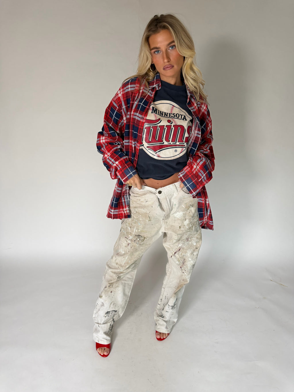 VINTAGE RED & BLUE PLAID FLANNEL SHIRT