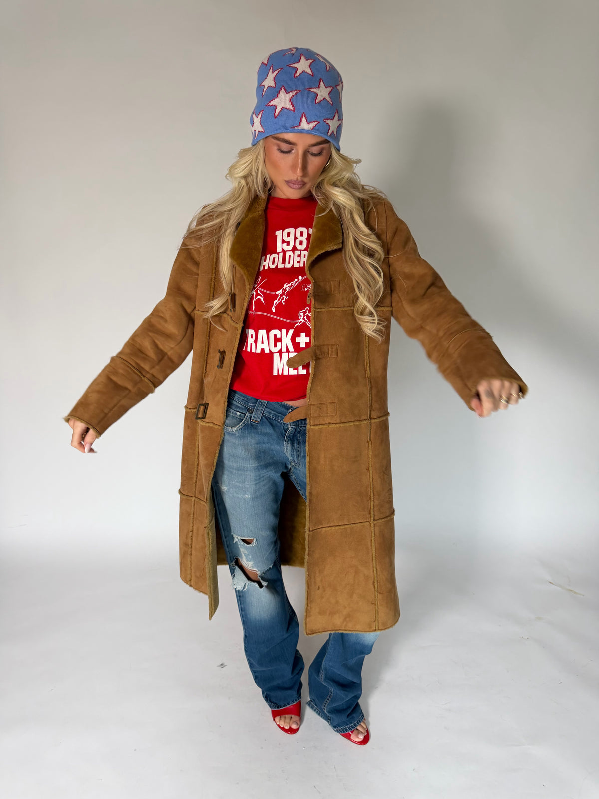 VINTAGE BROWN FAUX SUEDE SHEARLING COAT