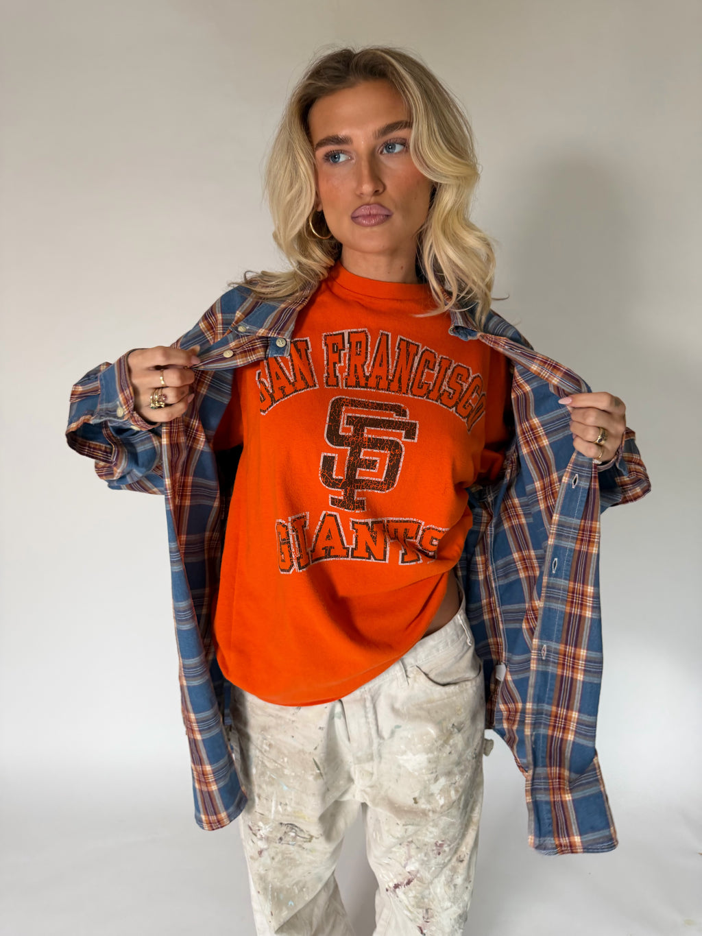 VINTAGE BLUE, RED & BROWN PLAID FLANNEL SHIRT