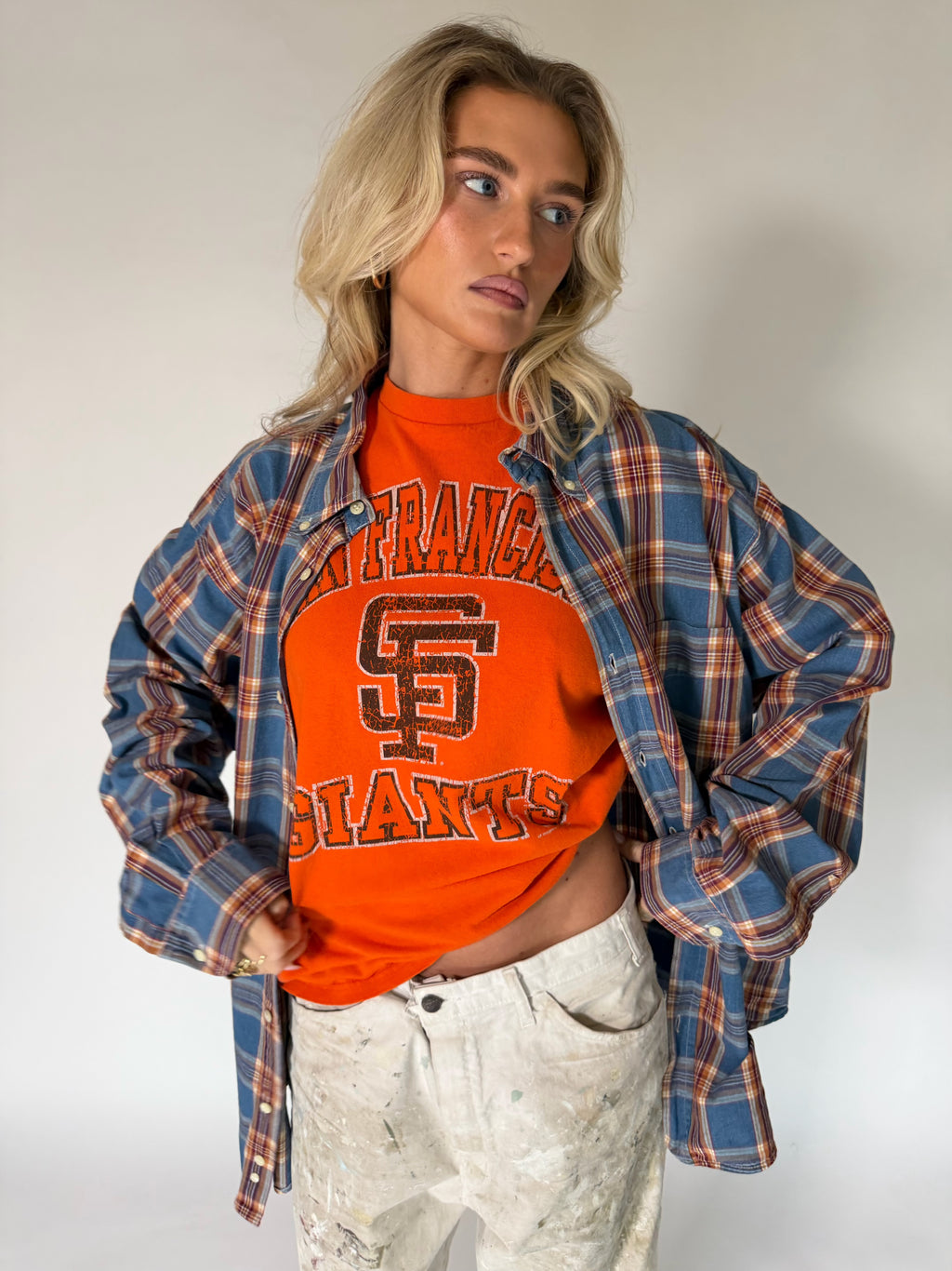 VINTAGE BLUE, RED & BROWN PLAID FLANNEL SHIRT