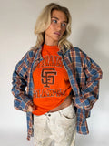 VINTAGE BLUE, RED & BROWN PLAID FLANNEL SHIRT