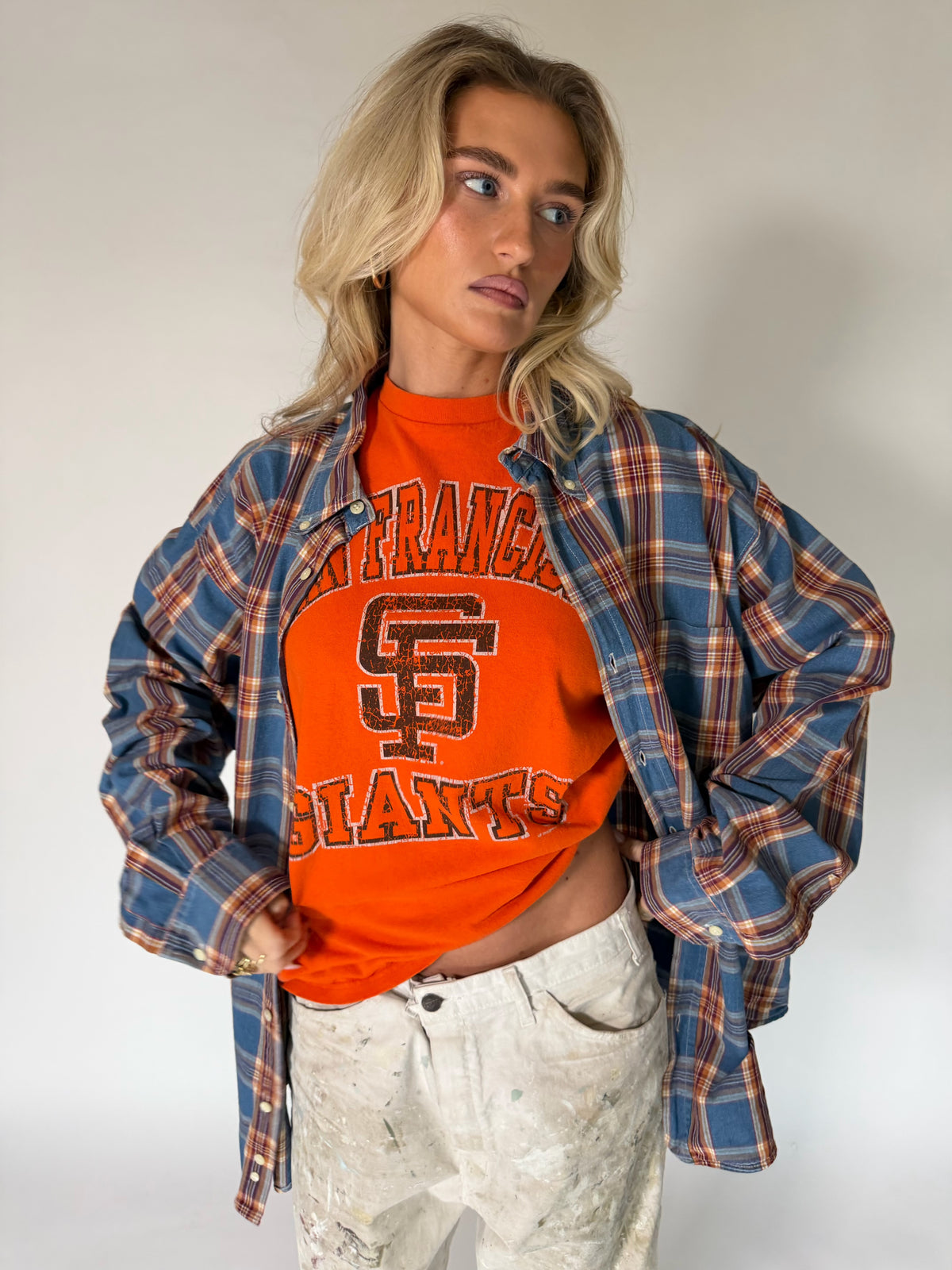 VINTAGE BLUE, RED & BROWN PLAID FLANNEL SHIRT