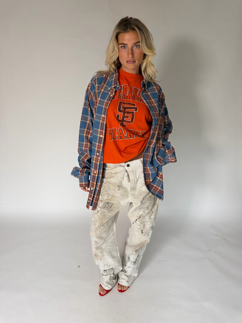 VINTAGE BLUE, RED & BROWN PLAID FLANNEL SHIRT