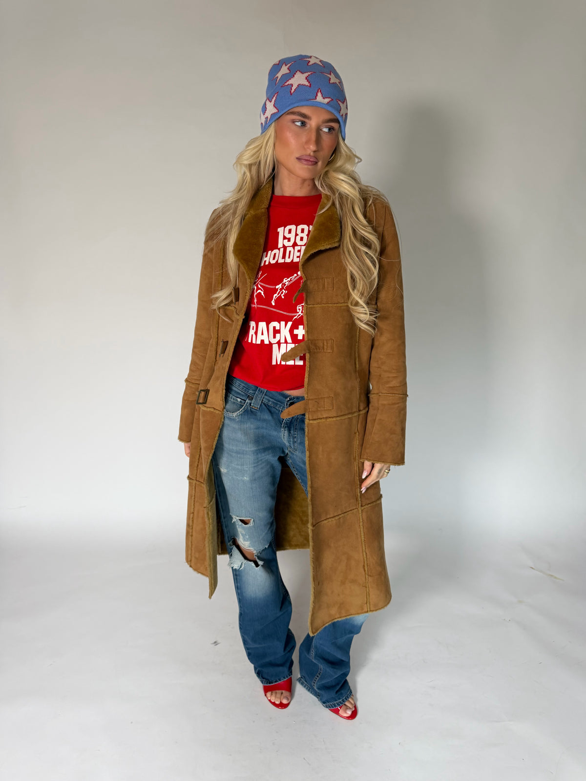VINTAGE BROWN FAUX SUEDE SHEARLING COAT