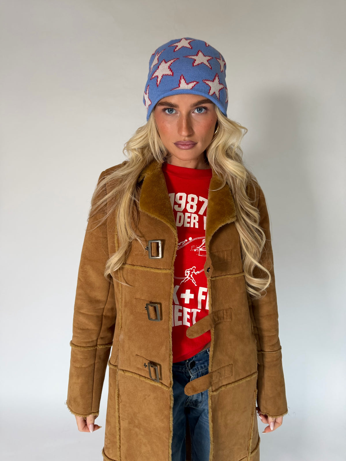 VINTAGE BROWN FAUX SUEDE SHEARLING COAT