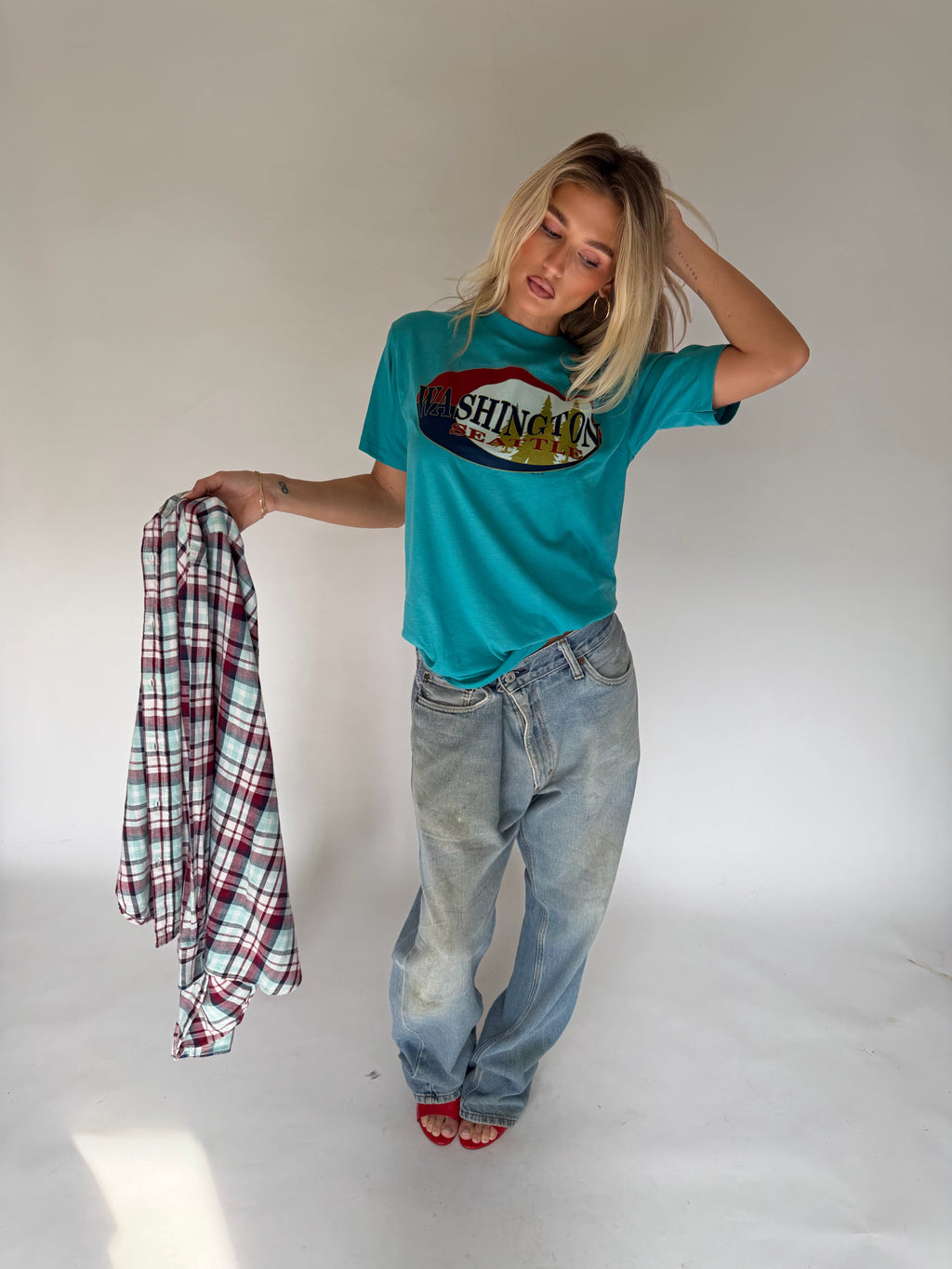 VINTAGE WHITE & BLUE PLAID FLANNEL