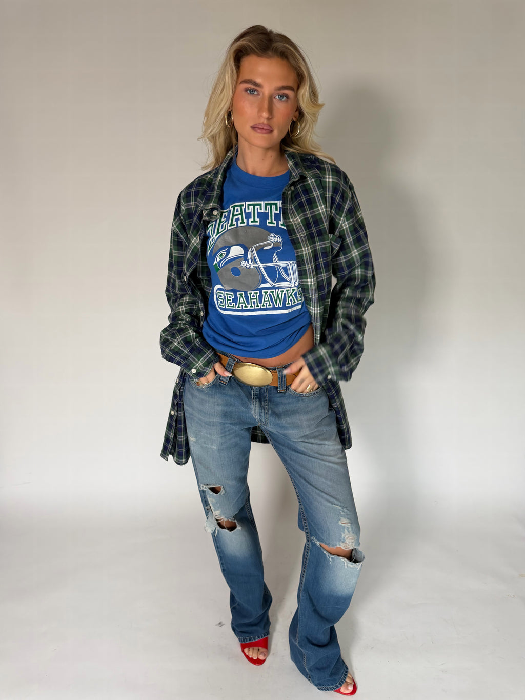 VINTAGE GREEN & BLUE PLAID FLANNEL SHIRT