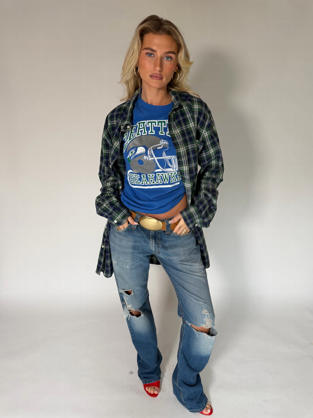 VINTAGE GREEN & BLUE PLAID FLANNEL SHIRT