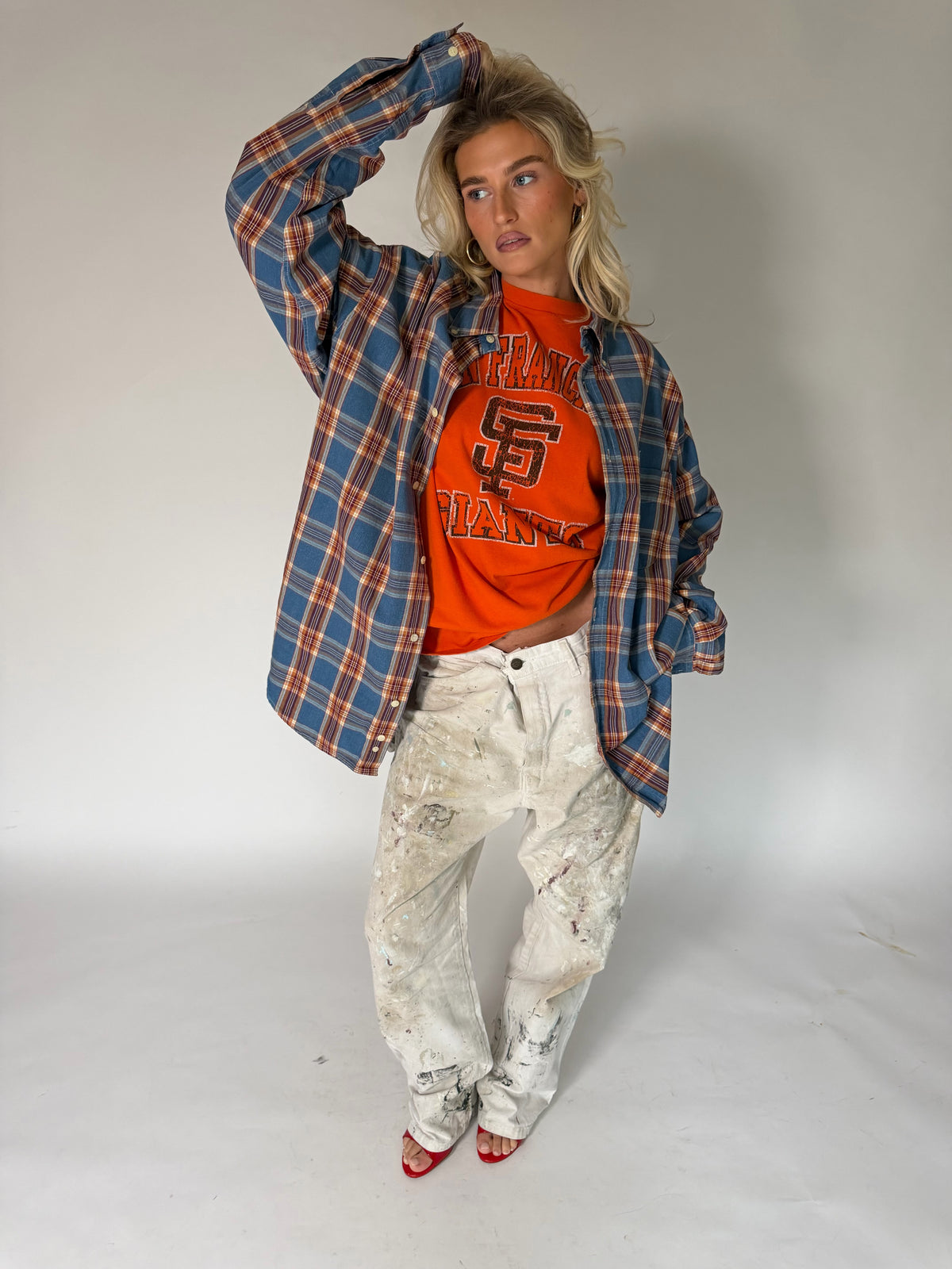 VINTAGE BLUE, RED & BROWN PLAID FLANNEL SHIRT