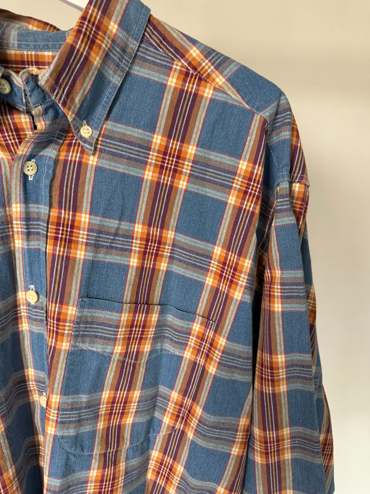 VINTAGE BLUE, RED & BROWN PLAID FLANNEL SHIRT