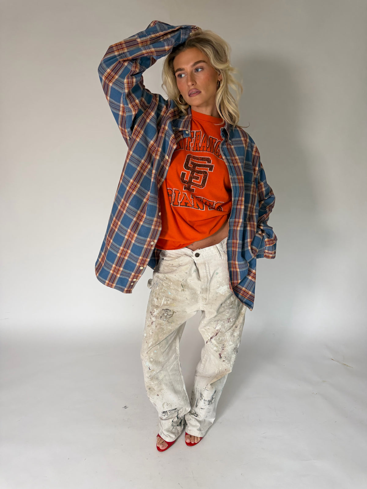 VINTAGE BLUE, RED & BROWN PLAID FLANNEL SHIRT